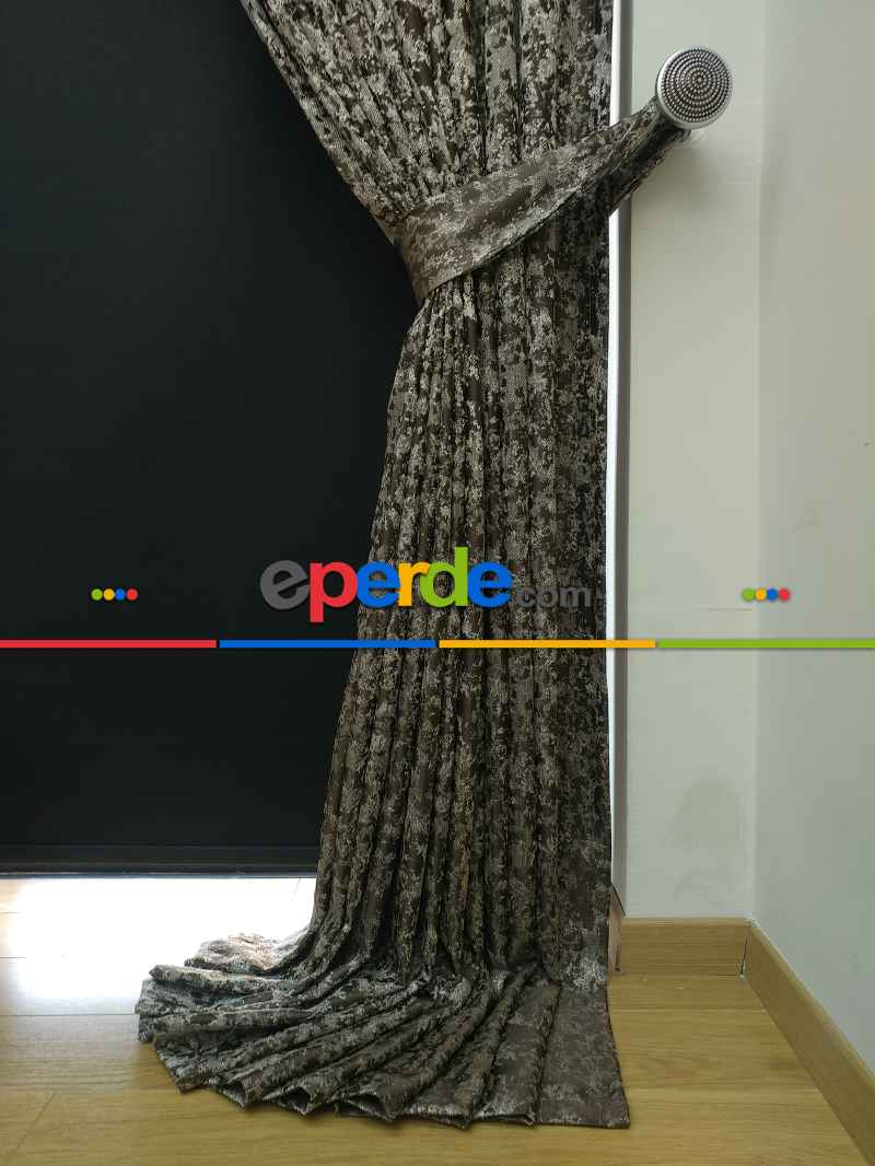 Krem Kahve Desenli Jakar Fon Perde - Kahve