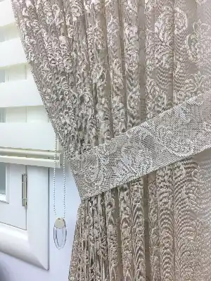 Dantel Damask Desen Tül Fon Perde - Bej- Bej