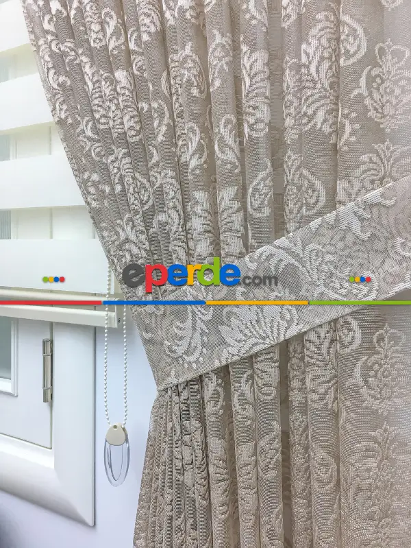 Dantel Damask Desen Tül Fon Perde - Bej- Bej