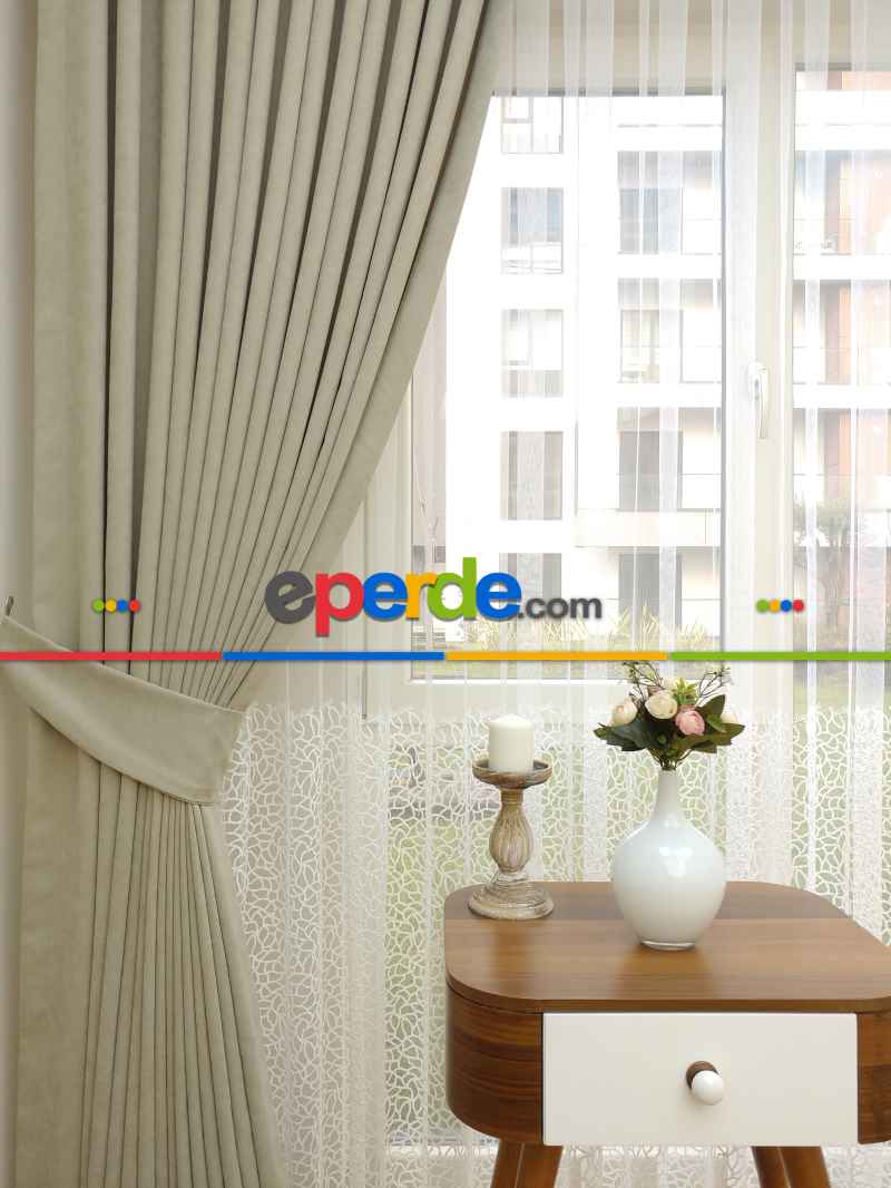 Açık Bej Düz Fon Perde Dökümlü Birinci Kalite 300 Cm Geniş En Daha Hesaplı- Bej