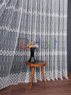 Şeritli Papatya Nakış İşlemeli Brode Tül Perde