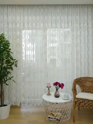 ( Orjinal ) Damask Desen Salon Fransız Dantel Tül Perde & Kruvaze Perde- Ekru