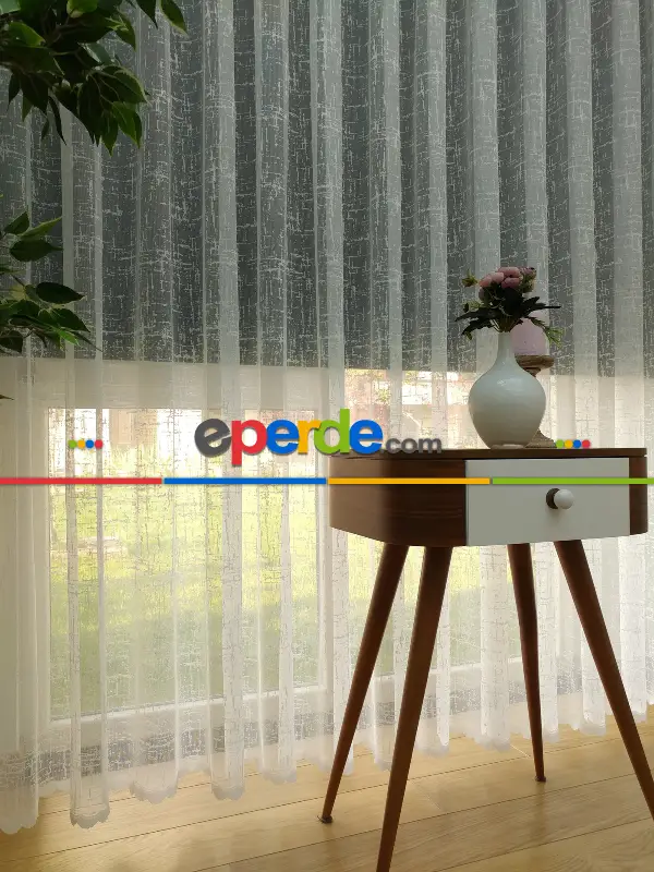 Modern Çizgiler Desenli Tül Perde- Beyaz