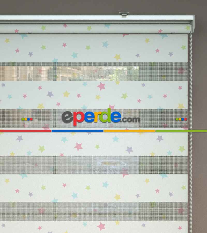 Yıldız Desenli Baskılı Zebra Perde- Çok Renkli