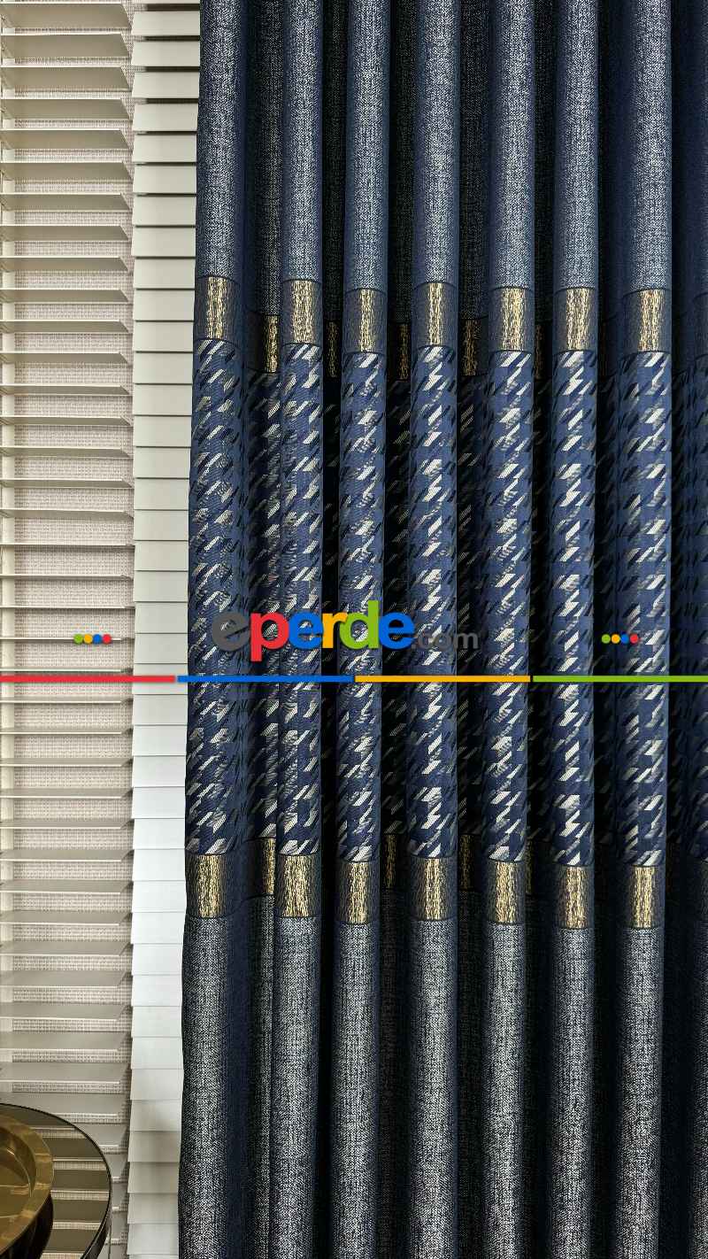 Lacivert Mavi Altın Fon Perde, Kazayağı Desenli Jakar Dokumadır. Pano Fon