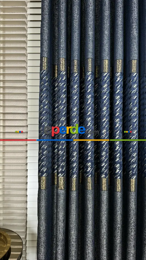 Lacivert Mavi Altın Fon Perde, Kazayağı Desenli Jakar Dokumadır. Pano Fon