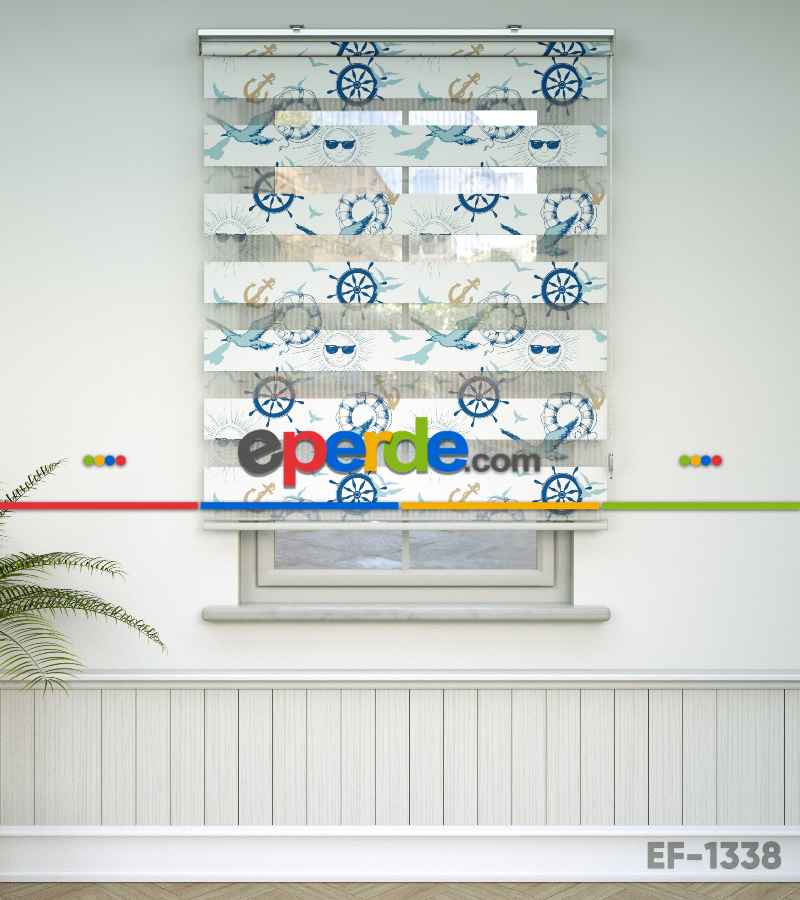 Denizci Desenli Baskılı Zebra Perde- Mavi-çok Renkli-camel