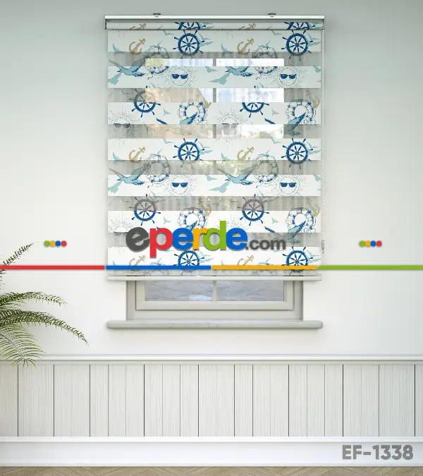 Çocuk Odası Zebra - Denizci Desenli Baskılı Zebra Perde- Mavi-Çok Renkli-Camel