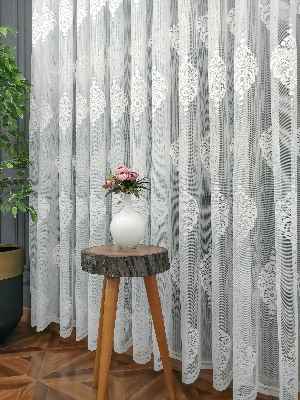 Serpme Damask Desenli Fransız Dantel Tül Perde- Ekru