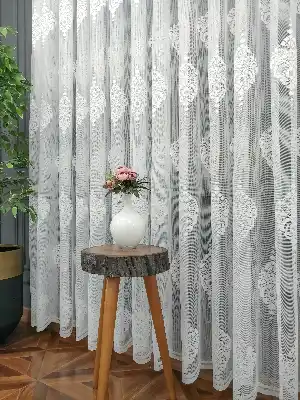 Serpme Damask Desenli Fransız Dantel Tül Perde- Ekru
