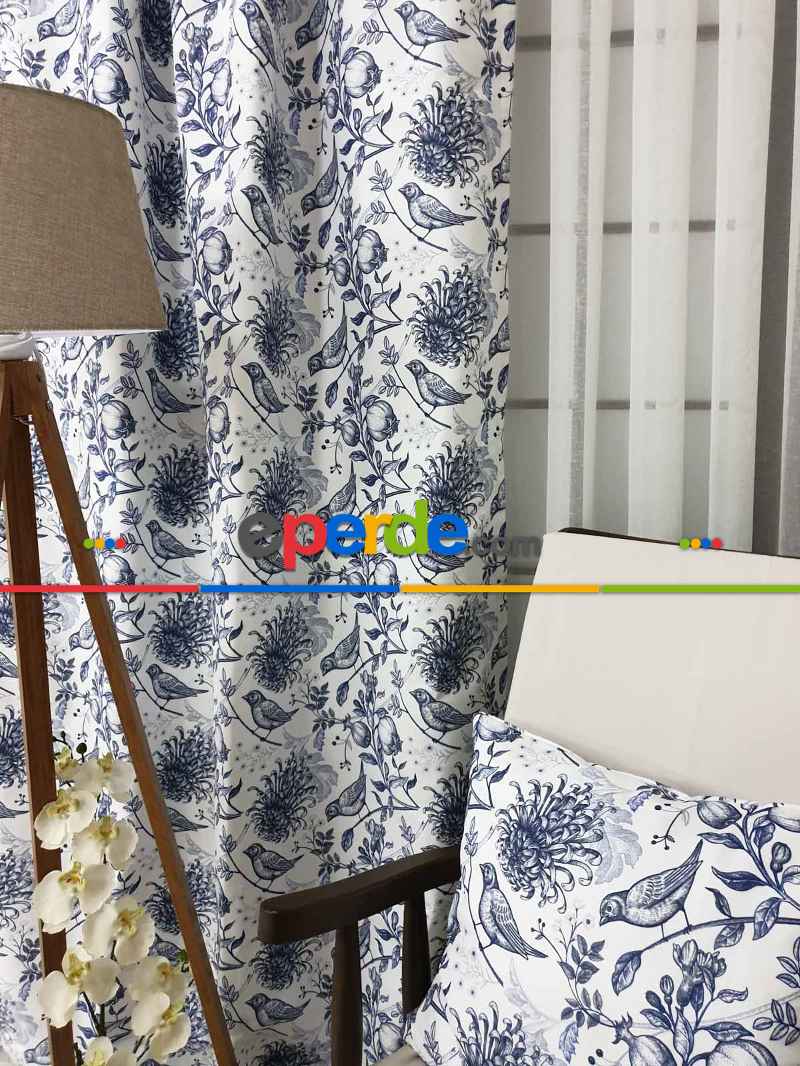 Kuş Desenli Fon Perde Evm580 Kumaşı Kalındır Duck Bezi Değildir- Beyaz