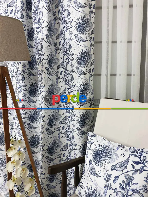 Yatak Odası - Kuş Desenli Fon Perde Evm580 Kumaşı Kalındır Duck Bezi Değildir- Beyaz