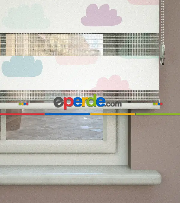 Bulut Desenli Baskılı Zebra Perde- Çok Renkli