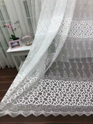 Enine Çizgili Arası Geometrik Örme Tül Perde Yüksek Kalite- Ekru