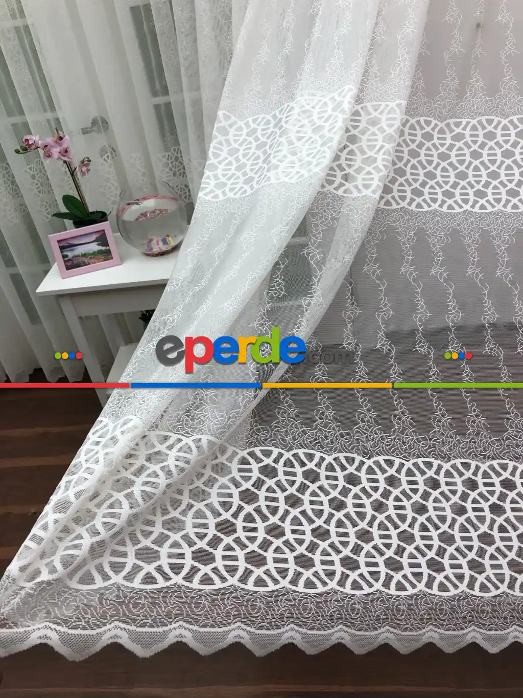 Enine Çizgili Arası Geometrik Örme Tül Perde Yüksek Kalite- Ekru
