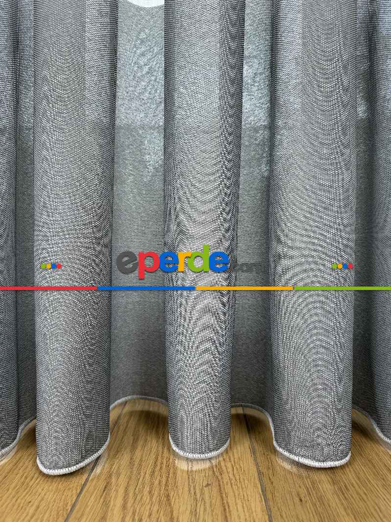 Bambu Gri Enine Bantlı Tül Perde - Premium Seri Kurşunlu Tül