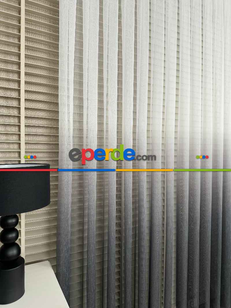 Ekru Antrasit Gri Degrade Geçişli Bambu Tül Perde, Premium Seri, Kurşunlu Tül