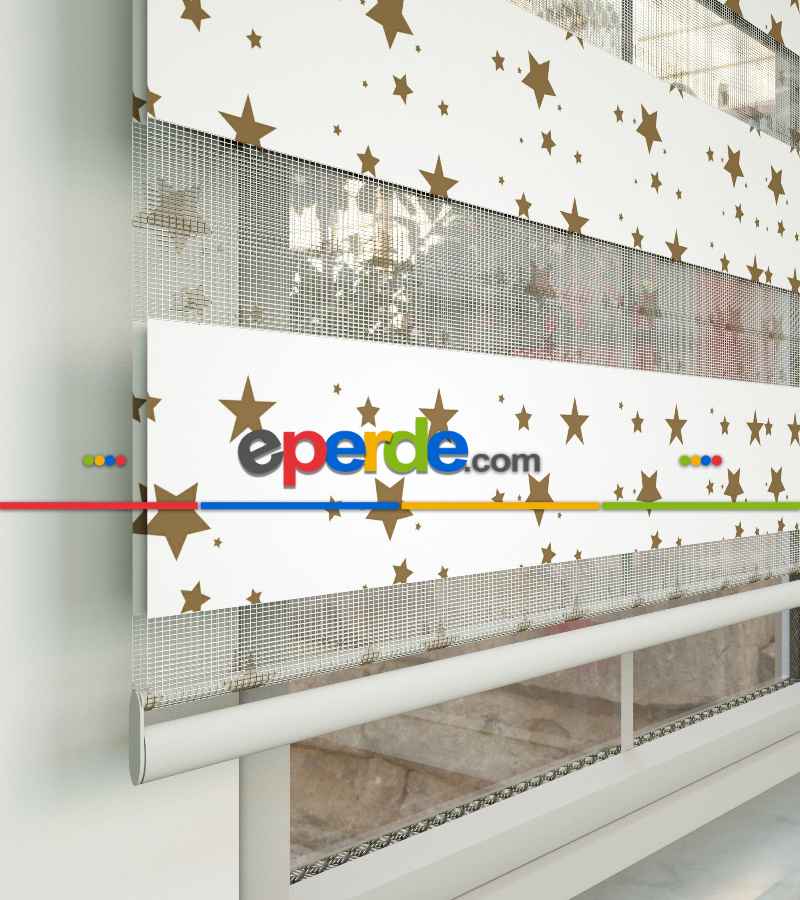 Yıldız Desenli Baskılı Zebra Perde- Çok Renkli