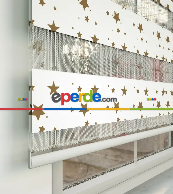 Çocuk Odası - Yıldız Desenli Baskılı Zebra Perde- Çok Renkli