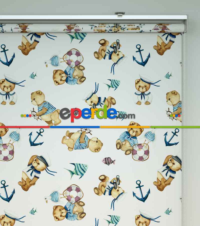 Bebek Odası Stor Perde - Kaptan Ayıcık Baskılı Stor Perde- Mavi-Beyaz-Kahve Açık-Su Yeşili