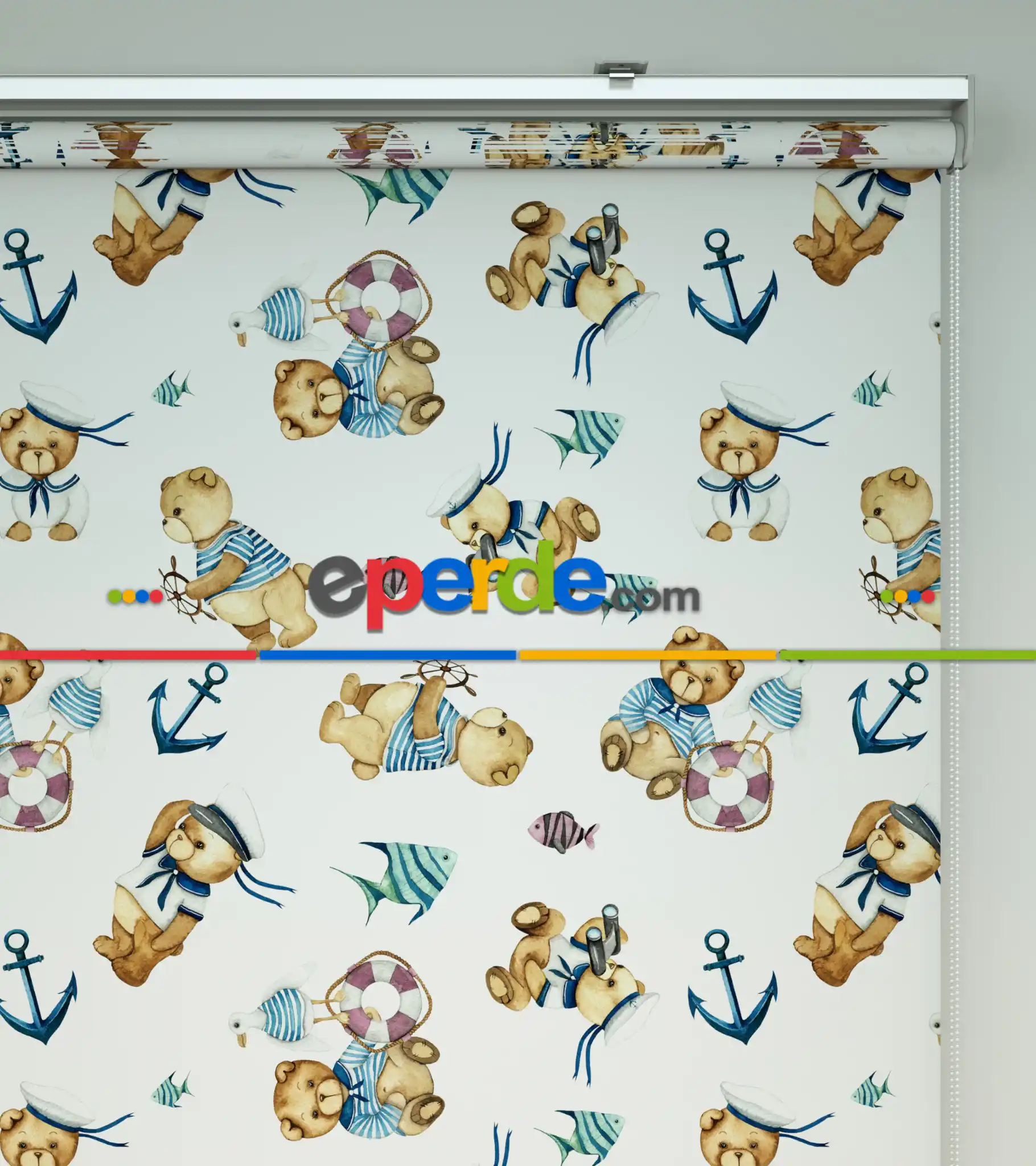 Bebek Odası Stor Perde - Kaptan Ayıcık Baskılı Stor Perde- Mavi-Beyaz-Kahve Açık-Su Yeşili