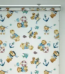 Bebek Odası Stor Perde - Kaptan Ayıcık Baskılı Stor Perde- Mavi-Beyaz-Kahve Açık-Su Yeşili