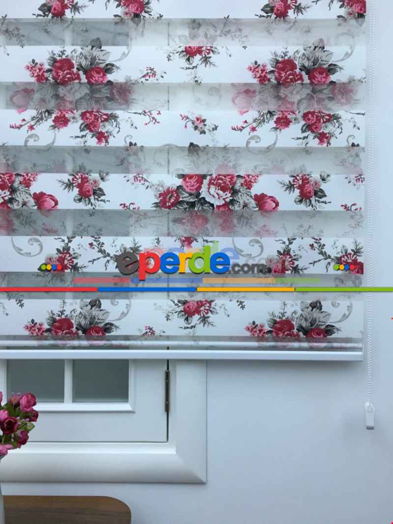 Genç Odası - Zebra Perde Gül Desen- Kırmızı- Çok Renkli 2-gül Pembe