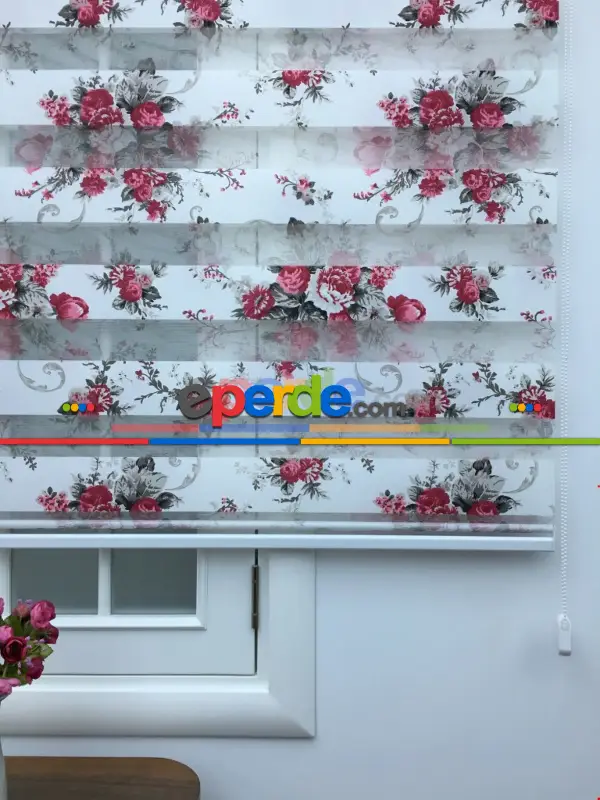 Salon Zebra - Zebra Perde Gül Desen- Kırmızı- Çok Renkli 2-Gül Pembe