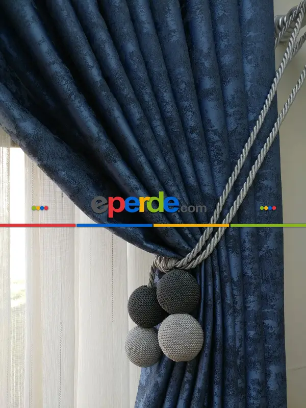 Mavi Renk Jakar Desenli Fon Perde- Mavi