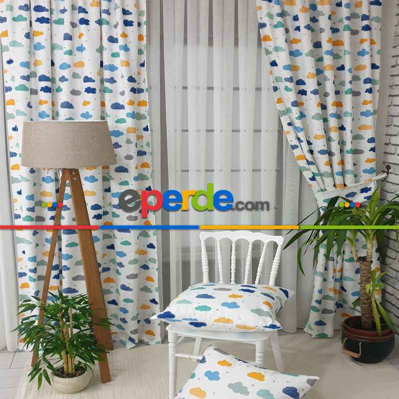 Renkli Bulut Desenli Fon Perde Evm809 Kumaşı Kalındır Duck Bezi Değildir- Beyaz-Mavi Açık