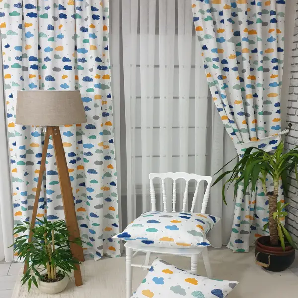 Renkli Bulut Desenli Fon Perde Evm809 Kumaşı Kalındır Duck Bezi Değildir- Beyaz-Mavi Açık