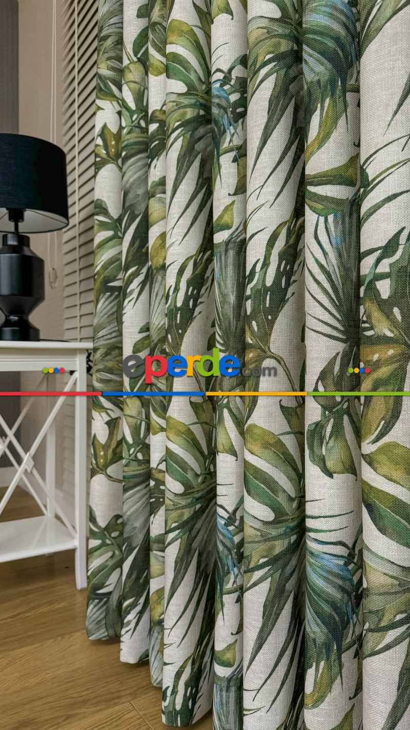 Bej Yeşil Tropikal Desenli Keten Fon Perde - Premium Kalite Serisi Ağır Gramajlı