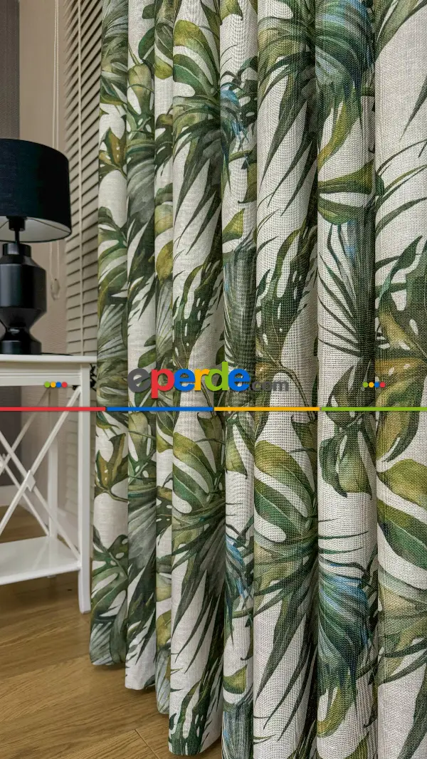 Bej Yeşil Tropikal Desenli Keten Fon Perde - Premium Kalite Serisi Ağır Gramajlı