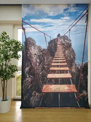 3d Manzara Desenli Pano Fon Perde- Mavi-Kahve-Antrasit