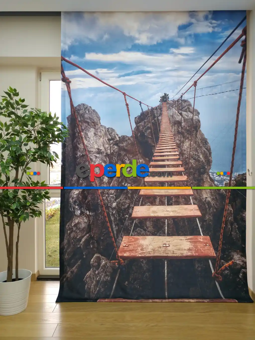 3d Manzara Desenli Pano Fon Perde- Mavi-Kahve-Antrasit