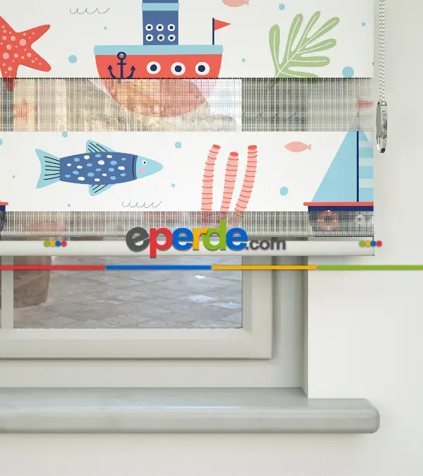 Bebek Odası Zebra Perde - Denizci Temalı Desenli Baskılı Zebra Perde- Çok Renkli