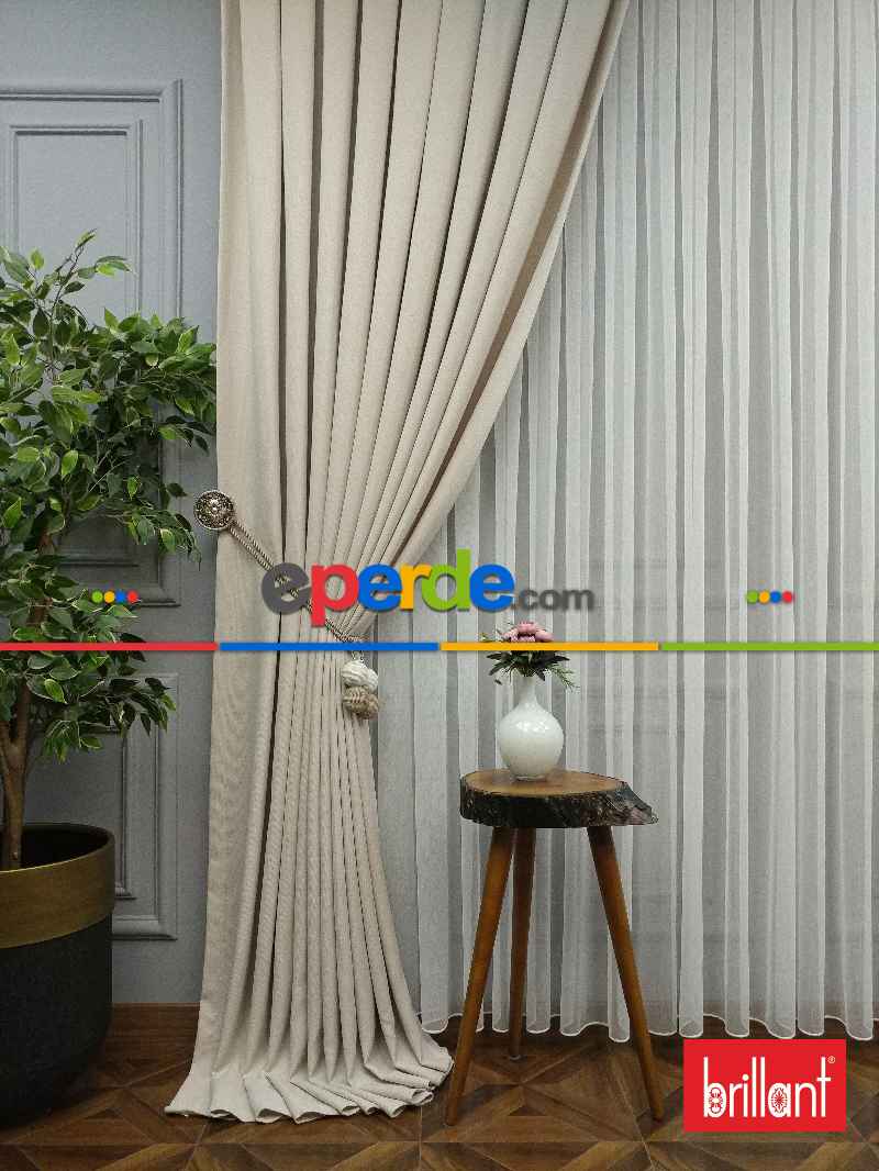 Brillant Keten Krem Açık Renk Düz Fon Perde - Krem Açık