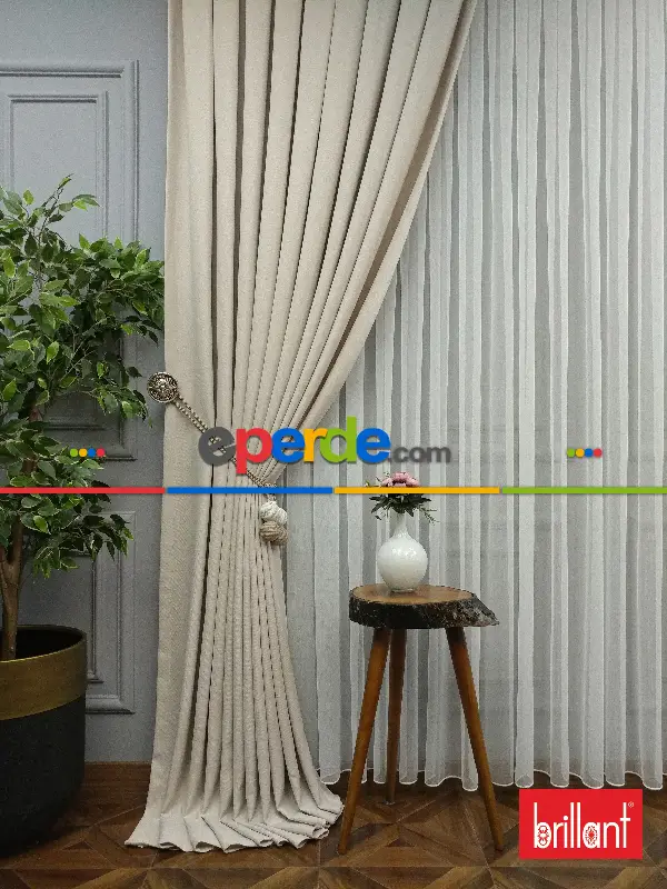 Yatak Odası - Brillant Keten Krem Açık Renk Düz Fon Perde - Krem Açık