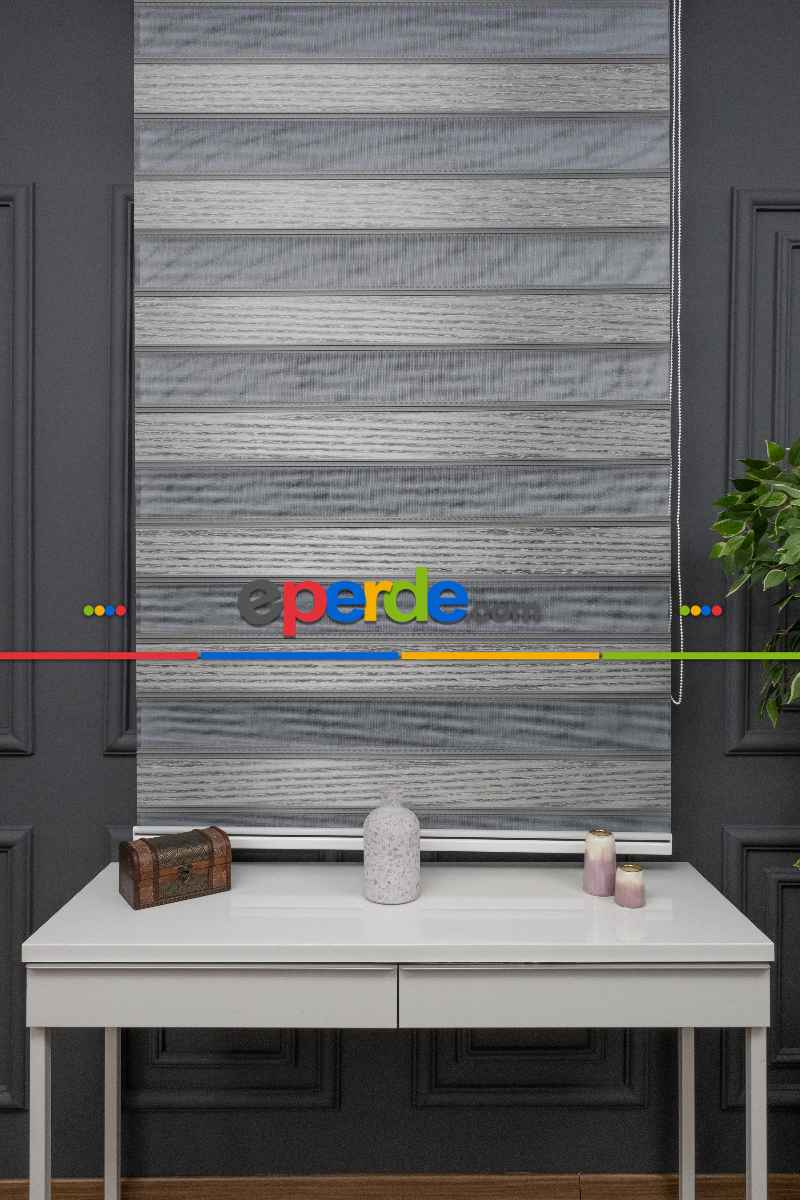 Oturma Odası - Gri Zebra Perde - Yarım Plise - Geniş Pileli Zebra Perde