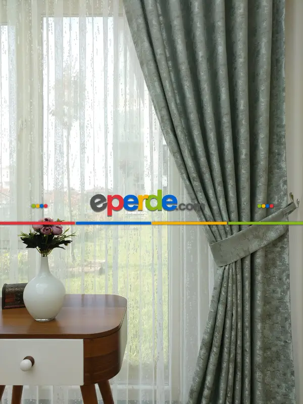 Patinedesenli Mint - Katyonik Jakar Fon Perde- Mint