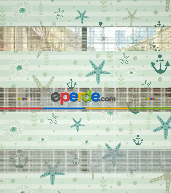 Bebek Odası Zebra Perde - Deniz Yıldızı Baskılı Zebra Perde- Beyaz-Turkuaz-Su Yeşili