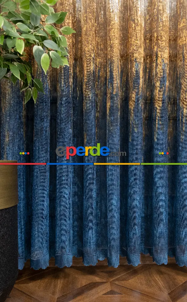 Modern Hardal Ve Mavi Desenli Degrade Geçişli Örme Tül Perde Yüksek Kalite