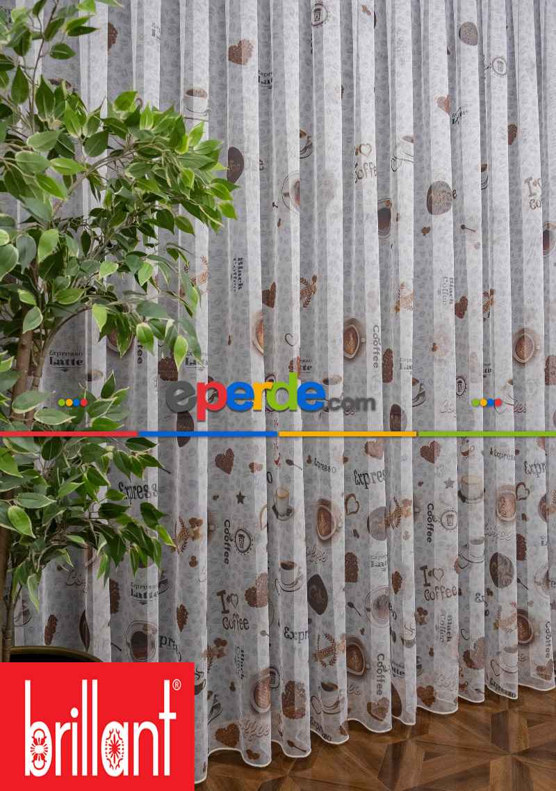 Mutfak Perdesi Kahve Fincan Desenli Tasarım Desen Model Kafe Tül Perdesi - Kurşunlu Tül