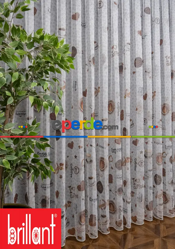 Mutfak Perdesi Kahve Fincan Desenli Tasarım Desen Model Kafe Tül Perdesi - Kurşunlu Tül