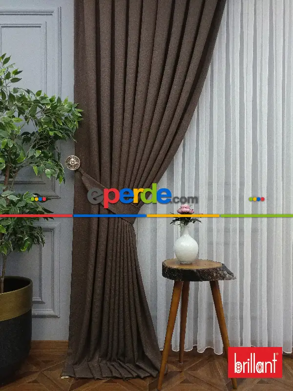 Yatak Odası - Brillant Keten Koyu Vizon Ceviz Renk Düz Fon Perde - Ceviz