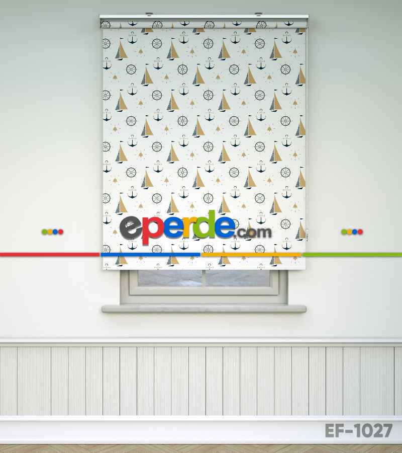 Çocuk Odası - Yelkenli Baskılı Stor Perde- Mavi-Beyaz-Hardal Sarısı