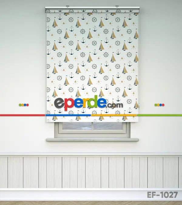 Yelkenli Baskılı Stor Perde- Mavi-beyaz-hardal Sarısı