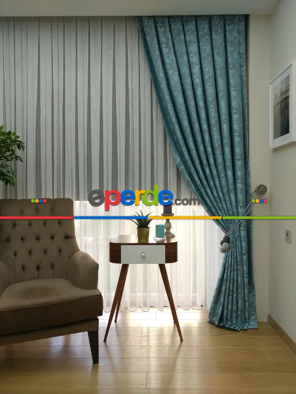 Açık Mavi Renk Jakar Desenli Fon Perde- Mavi Açık-mavi Grimsi