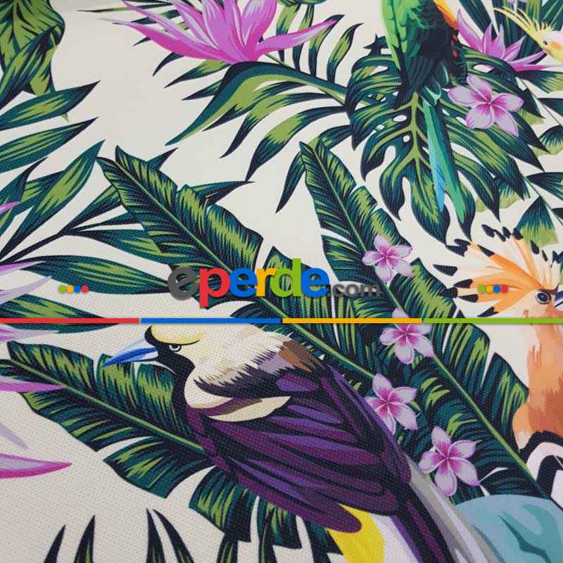 Papağan Ve Tropikal Desenli Fon Perde Evm1093 Kumaşı Kalındır Duck Bezi Değildir- Yeşil-Beyaz