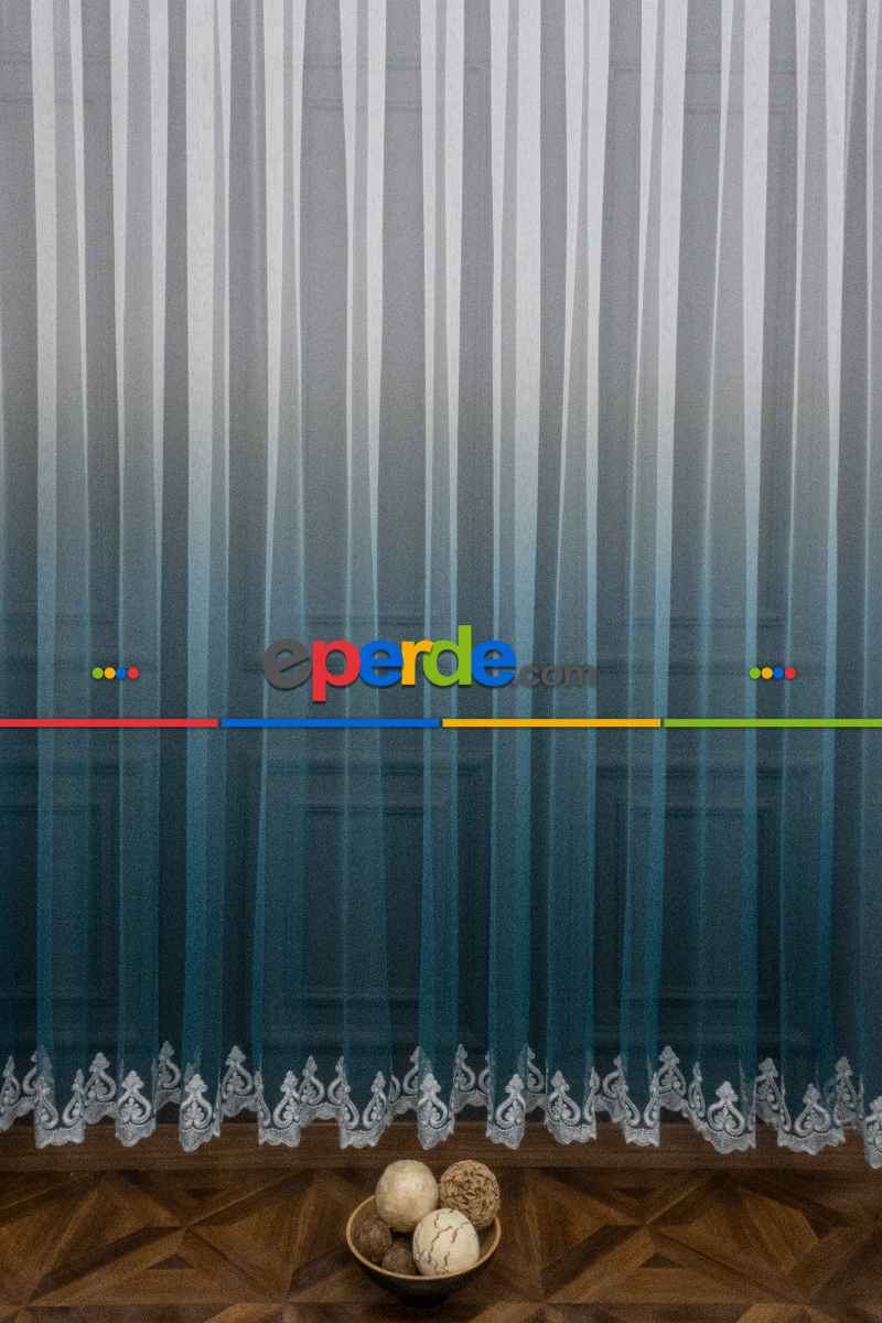 Turkuaz Etek Nakışlı Renk Geçişli Degrade Tasarım Tül Perde